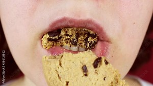 Hungry young woman biting and chewing chocolate chip cookie close up. Female eating unhealthy food concept