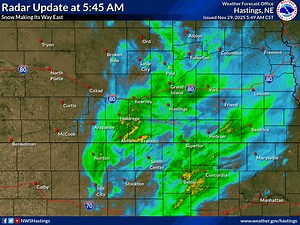 *** OUTDATED post from Nov. 29 Radar at 5:45 AM shows precipitation, mostly snow, moving east across south central Nebraska and north central Kansas. Briefly heavy snow will move through Kearney, Adams, Franklin and Webster counties over the next hour and drop up to 1" of snow. The back edge of the snow will be along Highway 281 between 7 and 8 AM and near Highway 81 by 9 AM. Visibility is reduced and roads are snow covered, along with areas of ice cover, so take it easy first thing this morning