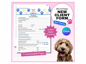 Pet Sitting New Client Form | Pet Sitting Contract | Dog Sitting Consent Form | Cat Sitting Waiver | Pet Business Form | Canva | Blue Theme - Etsy