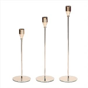 Gold Candle Holders Set of 3 Metal Taper Candle Holder for Home Decor, Weddings, Dining, Parties, Fits 3/4 Inch Thick Candles & LED Candles Elegant Table Centerpiece