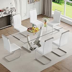 Glass Dining Table Set for 6, Dining Room Table Set 6, 71" Tempered Glass Tabletop and Stainless Steel U-Shaped Leg and Base for Dining Room