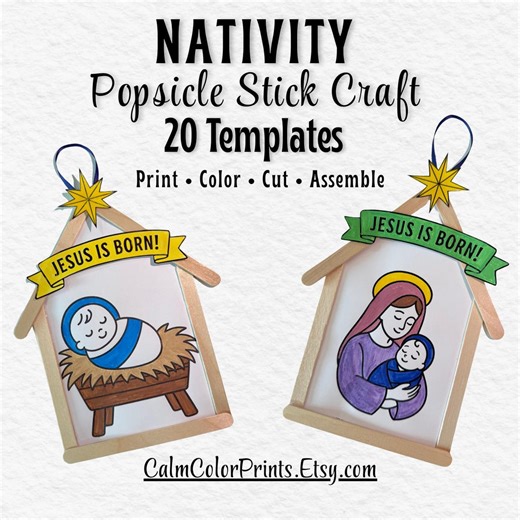 Coloring Nativity Popsicle Stick Craft Template | 20 Black & White Ornaments | Cut and Paste Kids Christmas Activity - Etsy