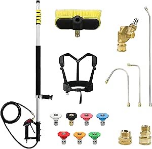 RAYNEL 24FT Telescoping Pressure Washer Extension Wand with Brush Head, 2 Power Washer Extension Wands, Gutter Cleaner Attachment, 7 Spray Nozzle Tips, Support Belt and 2 Hose Adapters
