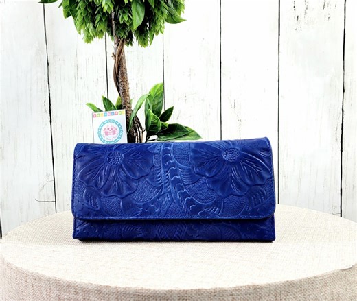 Handmade Royal Blue Leather Wallet: Mexican Floral Carved Design - Etsy