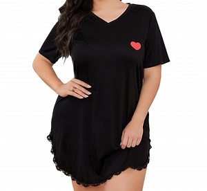 ebukurty Plus Size Black Nightgown for Women Lace Short Sleeves Heart Pajamas, Sizes 1XL-5XL