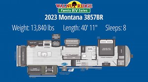 This gorgeous fifth wheel has everything & more! With room for family, friends, or just additional storage, the 2023 Montana 3857BR is the perfect camper for the holidays #HolidayGifts #camper #rvlife | Walnut Ridge RV