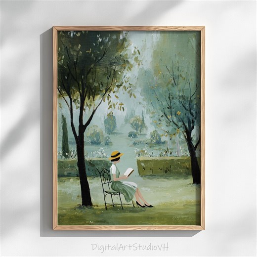 Cottagecore Woman Reading in Garden – Muted Folk Art Print (digital Download) - Etsy