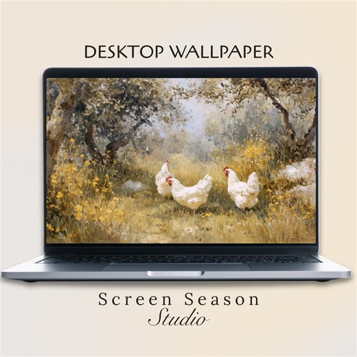White Chickens Desktop Wallpaper - Summer Meadow MacBook Screensaver - Vintage Cottagecore PC Background - Etsy