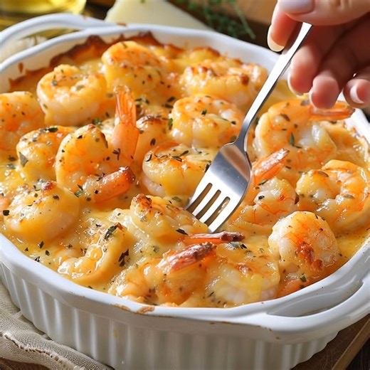 🧀 Baked Cheesy Garlic Shrimp 🦐 Creamy, golden, and irresistible — the ultimate seafood comfort food! 📝 Ingredients: 1 lb large shrimp, peeled and deveined 2 tbsp olive oil 3 tbsp butter 4 cloves garlic, minced 1 cup heavy cream 1/2 cup grated Parmesan cheese 1 cup shredded mozzarella cheese 1/2 tsp paprika Salt and black pepper, to taste 1 tbsp chopped parsley, for garnish 🍴 How to prepare it: 1️⃣ Preheat the oven: Set your oven to 375°F (190°C) — get ready for a bubbly, golden-brown finish