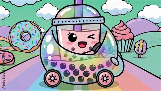 Kawaii Bubble Tea Car Adventure - Sweet Ride Through Candy Land.
