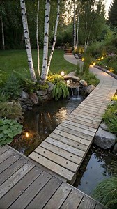 A Garden That Feels Like a Story: The Beauty of a Wooden Pathway Over Water Some gardens are pretty. And then there are gardens like this—spaces that feel like you’re stepping into a calm, living postcard. The image shows a beautifully designed landscape featuring a wooden walkway curving over a small stream, surrounded by birch trees, natural stone, soft lighting, and lush greenery. It’s the kind of design that doesn’t just decorate a yard—it creates an experience. What Makes This Garden Design