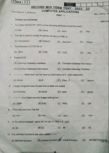 11th computer application 2nd mid term question paper