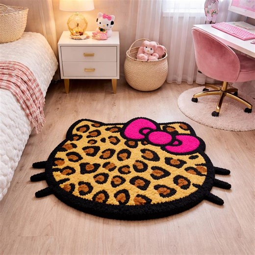 Leopard Print Kitty Rug, Custom Tufted Kawaii Carpet, Cute Pink Bow Room Decor, Handmade Gift for Her, Bedroom Aesthetic Rug, 2–4.5 Ft - Etsy