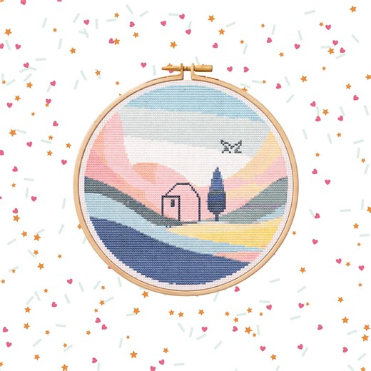 Modern Landscape Cross Stitch Pattern, Minimalist Mountain Scene Embroidery PDF, Pastel Nature Hoop Art, Instant Download