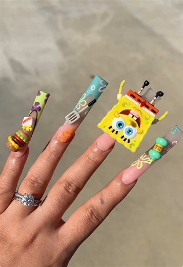 Creative Acrylic Nail Designs Inspired by SpongeBob