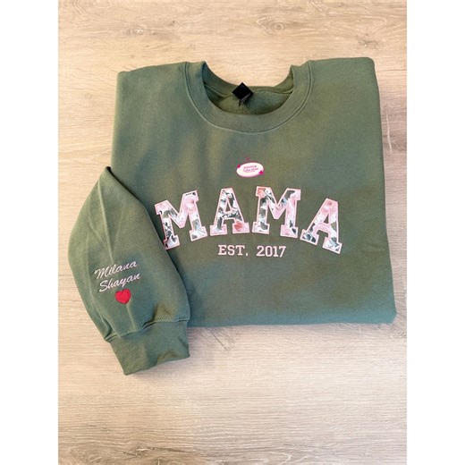 Mama Applique Embroidered Hoodie or Sweatshirt, Custom Mama Est Year, Personalized Mom Gift, Floral Mama Crewneck, Names on Sleeve - Etsy