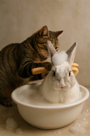 Ever seen a cat give a rabbit the cutest bubble bath?