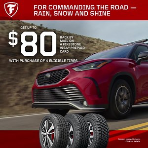 Every great adventure starts with choosing a Destination. Now through November 8, 2021, get up to $80 back by mail on a Firestone Visa® Prepaid Card when you purchase 4 eligible Destination tires. | Firestone Tires
