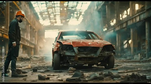 Professional Adjuster Evaluating Wrecked Car in Abandoned Facility. Concept Insurance Claim Assessment, Vehicle Damage Report, Auto Accident Investigation, Inspection Process