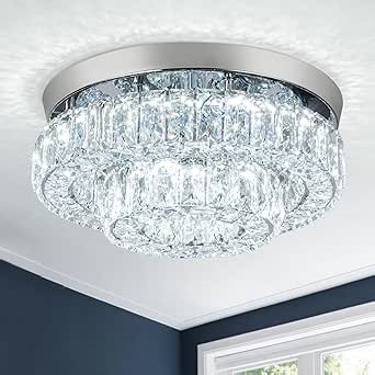 12 Inch Crystal Chandelier LED Ceiling Light 2 Tier Flush Mount Ceiling Light Fixtures Modern Chandelier Lighting for Hallway Bedroom Dining Room Kitchen (Cool White)