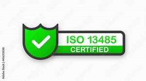 ISO 13485 certified green badge. Flat design stamp isolated on white background. Motion graphic.