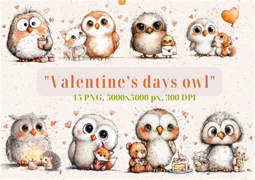 Watercolor Owl Valentine Clipart: Love Graphics, Nursery Art (digital Download - 15 Pngs) - Etsy