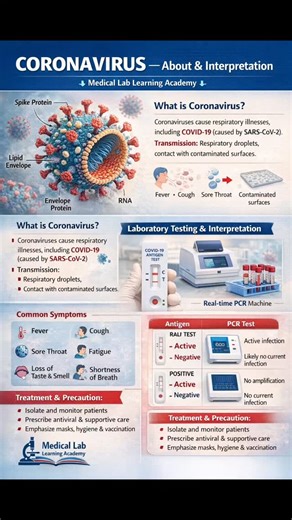 Medical Lab Learning Academy 🥼🔬 on Instagram: "🦠 CORONAVIRUS – About & Interpretation 🧪 Coronaviruses cause respiratory illness, including COVID-19 (SARS-CoV-2). Accurate testing and correct interpretation are essential for patient care. 🔬 Lab Highlights • Antigen test → Quick screening • RT-PCR → Gold standard • Positive = Active infection • Negative = No current infection 🤒 Common symptoms: Fever, cough, sore throat, fatigue, loss of taste/smell. 🧠 Medical Lab Tip: Proper sample collect