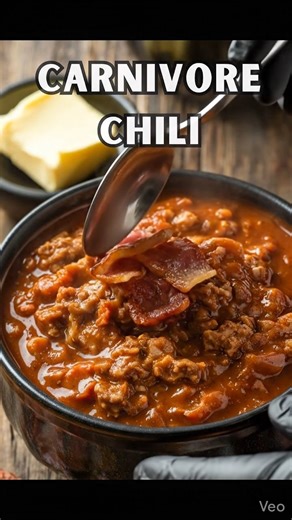 🥩 Carnivore Chili (No Beans, No Veggies) 🛒 Ingredients: 2 lbs ground beef (80/20 for best flavor) ½ lb beef stew meat (small chunks, optional but recommended) 6 slices bacon, chopped 1 cup beef bone broth 1 cup crushed tomatoes (optional – omit for strict carnivore) 1 tbsp chili powder (optional if you allow spices) 1 tsp smoked paprika (optional) 1 tsp salt (or to taste) ½ tsp black pepper ½ tsp garlic powder (optional) 4 oz cream cheese (for creamy version, optional) 1 cup shredded cheddar (