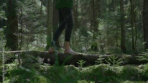 Young woman enjoys walking barefoot on a mossy fallen tree in the forest.