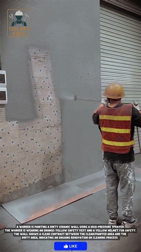 A worker using a spray gun to apply a layer to the wall #toolmancrew #constructiontools #tools