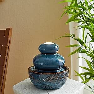 Glitzhome Tabletop Ceramic Jar Water Fountain with LED Light, Turquoise Leaf Textured Clay Pot Desktop Water Fountain, Decorative Zen Meditation Mini Waterfall for Home Office, 9.25”H