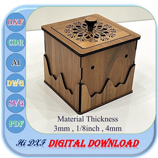 Laser Cut Box With Lid Svg Dxf Ai, 3mm 1/8inch 4mm Box Template 140mmx140mm - Etsy