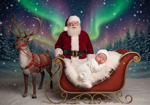 Santa Sleigh Newborn Digital Backdrop | Christmas Baby Photography Prop | Holiday Reindeer Photo Background | Photoshop Composite Template - Etsy