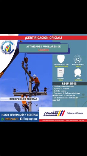 ⚡ ¡CERTIFÍCATE COMO AUXILIAR DE LINIERO! ⚡🚨 Conviértete en un profesional en el área eléctrica con certificación válida a nivel nacional 🇪🇨 📜 Certificación como Auxiliar de Liniero ✔ Registro en el Ministerio de Trabajo ✔ Visualización en SENESCYT 📅 Inicio: 15 de abril 📚 Duración: 48 horas 💻 16 horas ONLINE 🏗️ 32 horas PRESENCIALES en La Troncal 📲 CUPOS LIMITADOS – RESERVA HOY MISMO 📞 Contáctanos: 0981248711 #CursoLiniero #AuxiliarDeLiniero #Capacitación #EnergíaEléctrica #TrabajoSegur