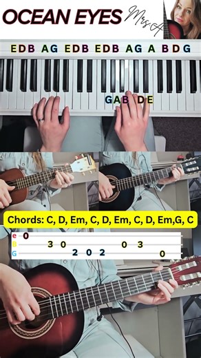 OCEAN EYES | Easy Piano, Guitar, UkuleleTutorial (Tabs + Chords + Piano Keys)