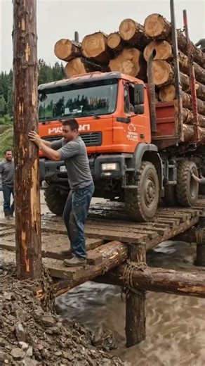 Massive Timber Truck Risky Bridge Crossing! #truck #shorts #viral