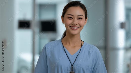 Young Asian female nurse in hospital uniform smiles confidently in a modern healthcare setting during daytime, showcasing professionalism and compassion in patient care