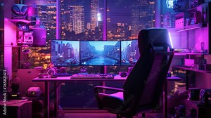 modern computer room with night city view, 3d rendering toned image, Cyberpunk gamer workspace with computer and mouse. 3d rendering, AI Generated