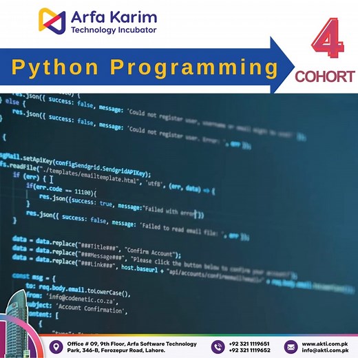 Learn Python Programing in cohort 4 at Arfa Karim Technology Incubator. 🚀 Popular Programs: ✅ Artificial Intelligence ✅ Machine Learning ✅ Blockchain ✅ Cyber Security ✅ Web Development ✅ Cloud Computing ✅ Digital Media Marketing ✅ Web Designing and many more interesting programs to learn. For further details and assistance, please contact: 0321-1119651 0321-1119652 Fill out the details: https://b24-2t1d45.bitrix24.site/crm_form_5edez/ Visit Office: 09, 9th Floor, Arfa Software Technology Park, 