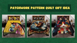 Cat Quilt Set - Cat Patchwork Style Printed Bedding, Animal Patchwork Bedset, Farmhouse Blanket with Pillowcases, Premium Quilt Pattern Bedding Set, Twin Full Queen Size