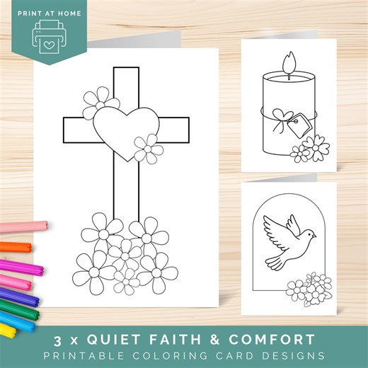 Faith Coloring Cards Printable, Christian Sympathy and Comfort Prayer Cards to Color, Cross - Candle - Dove Designs, Sunday School Crafts - Etsy UK