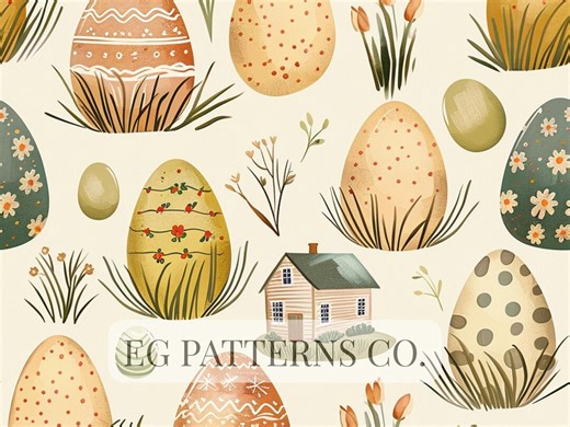 Easter Eggs Seamless Pattern | Cottage Spring Illustration With Pastel Eggs, Floral Details & Farmhouse Charm | Digital Pattern - Etsy