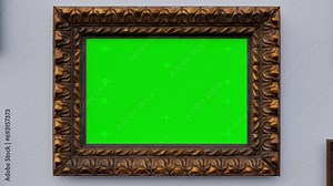 Blank frames with Green canvas on the bright wall in modern gallery interior