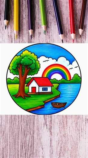 🌈Rainbow Scenery Drawing/Circle Scenery#shorts#drawing#circle#rainbow#art#scenery#youtubeshorts#draw