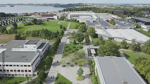 Flying over the buildings and walkways of the University of Stavanger