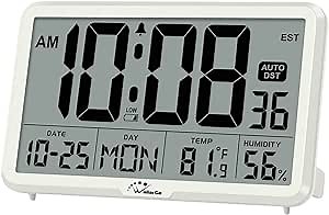 WallarGe Auto Set Digital Wall Clock Battery Operated, Desk Clocks with Temperature, Humidity and Date, Large Display Digital Calendar Alarm Clock for Elderly, Bedroom, Office, 8 Time Zone, Auto DST.