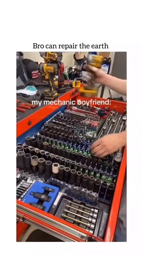 Repostspmo on Instagram: "The video is a short, humorous clip, likely a TikTok or Reel, that contrasts the immense utility of a mechanic boyfriend’s well-organized tool chest with a common, exaggerated claim. Here is a summary of the video: Opening: The video starts with a young woman smiling at the camera. Text Overlay: The text at the top reads, “bro can repair the earth.” The Mechanic Boyfriend: The camera cuts to her “mechanic boyfriend” in a garage setting. He is actively working and opens 