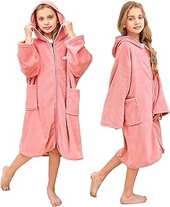 Hiturbo Kids Bath Towel Hoodie: Soft Plush Zipper Surf Poncho - Warm Fleece Changing Towels Swimming Outerwear (Pink)