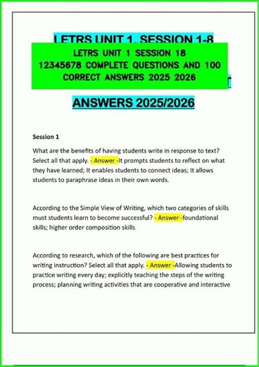 LETRS UNIT 1 SESSION 18 12345678 COMPLETE QUESTIONS AND 100 CORRECT ANSWERS 2025 2026 video