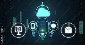 Robot with cloud head and icons, technology and communication animation